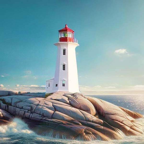 Lighthouse at Peggy's Cove, Nova Scotia, on a sunny day.